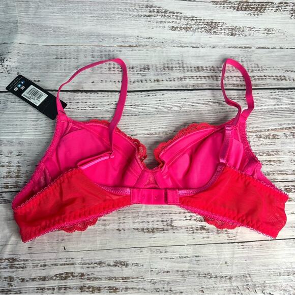 Gossard 34A Superboost Lace Padded Plunge Bra Rose Red Pink Underwire Mesh - Picture 6 of 14